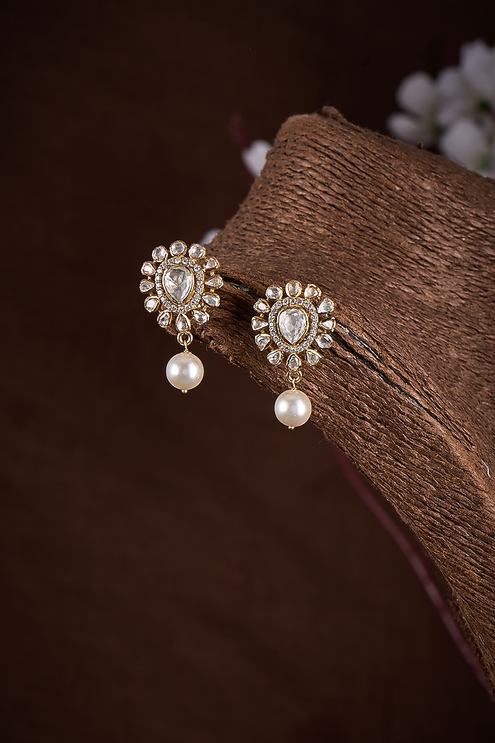Gold Finish Moissanite Polki Dangler Earrings In Sterling Silver by Hunar at Pernia's Pop Up Shop