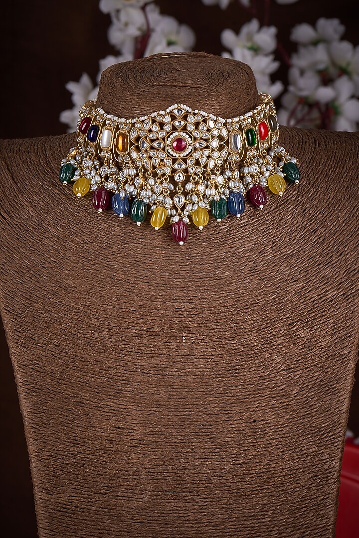 Gold Finish Moissanite Polki & Multi-Colored Stone Choker Necklace In Sterling Silver by Hunar at Pernia's Pop Up Shop
