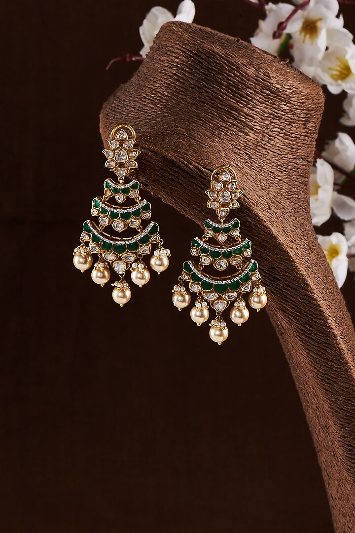 Gold Finish Moissanite Polki & Pearl Dangler Earrings In Sterling Silver by Hunar at Pernia's Pop Up Shop
