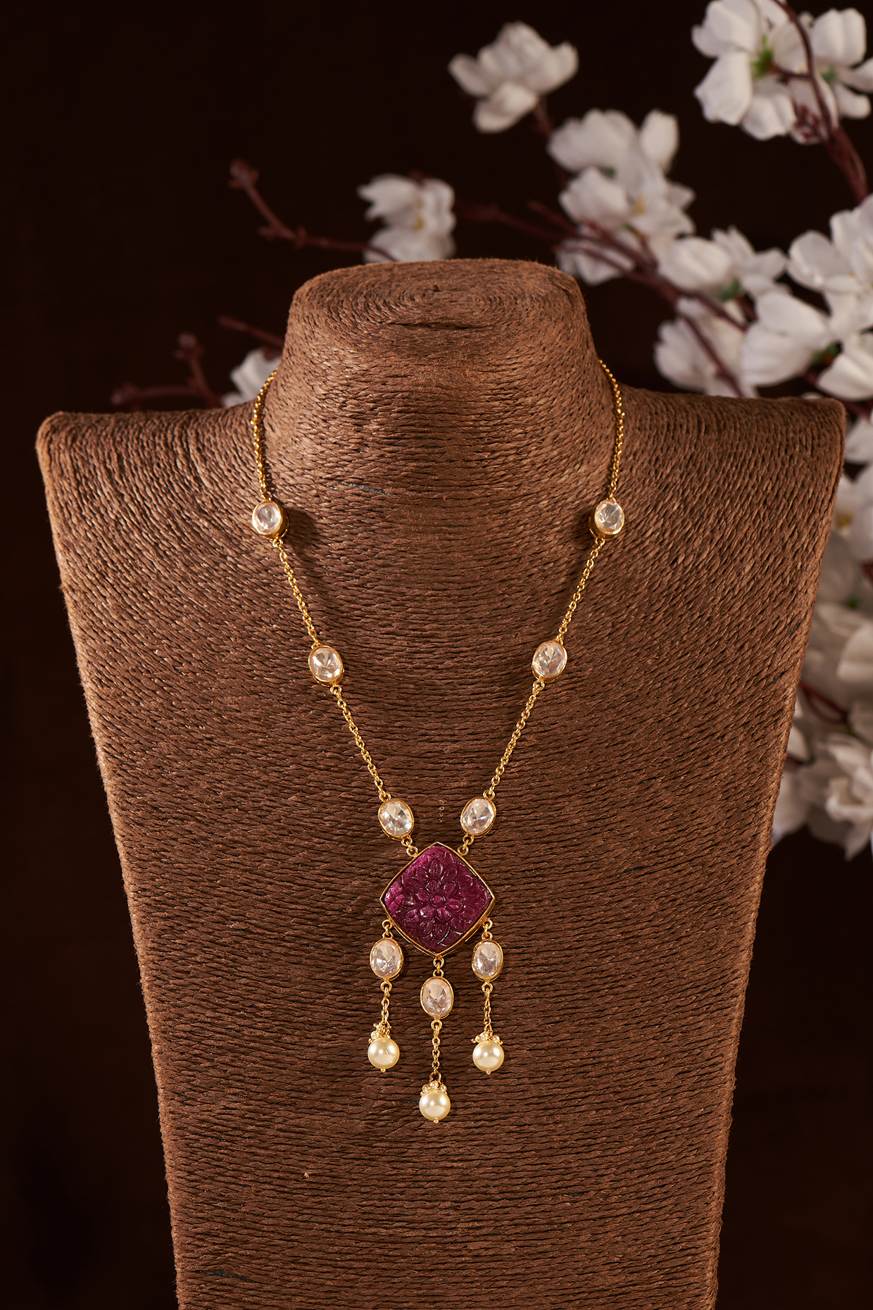 Gold Finish Moissanite Polki & Ruby Long Necklace In Sterling Silver by Hunar