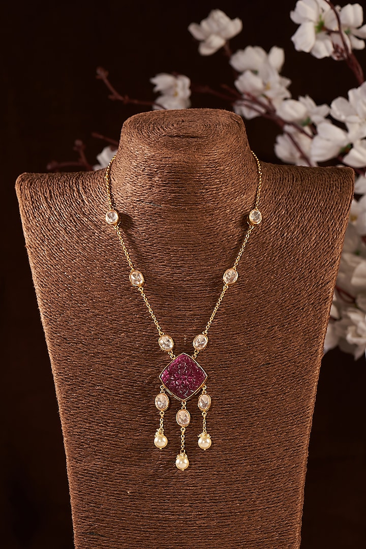 Gold Finish Moissanite Polki & Ruby Long Necklace In Sterling Silver by Hunar