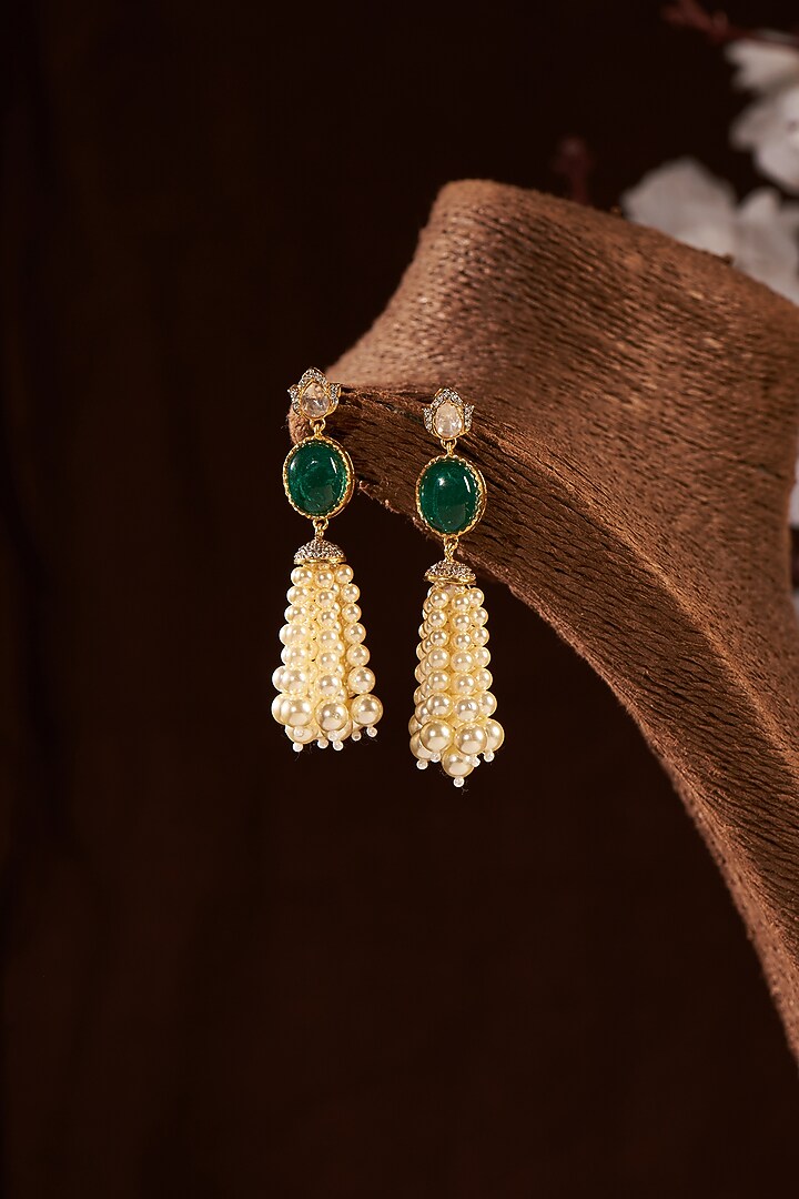 Gold Finish Moissanite Polki & Emerald Synthetic Stone Dangler Earrings In Sterling Silver by Hunar at Pernia's Pop Up Shop