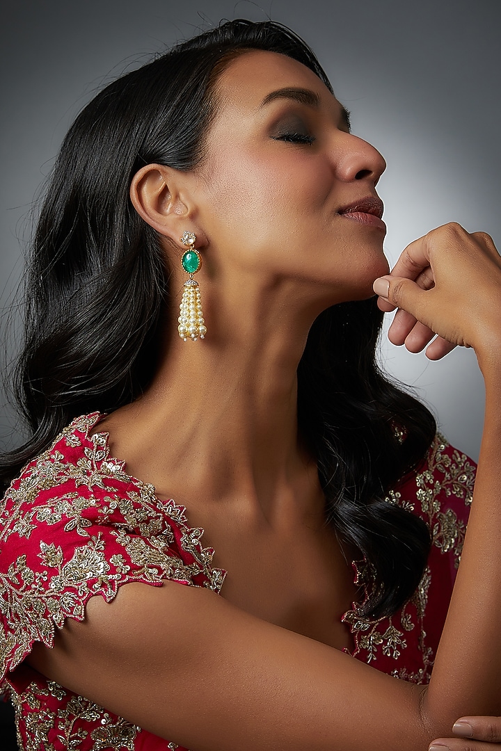 Gold Finish Moissanite Polki & Emerald Synthetic Stone Dangler Earrings In Sterling Silver by Hunar at Pernia's Pop Up Shop