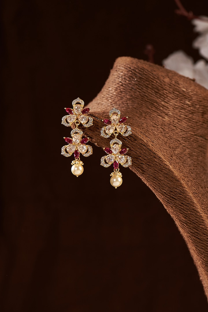 Gold Finish Moissanite & Ruby Synthetic Stone Dangler Earrings In Sterling Silver by Hunar at Pernia's Pop Up Shop
