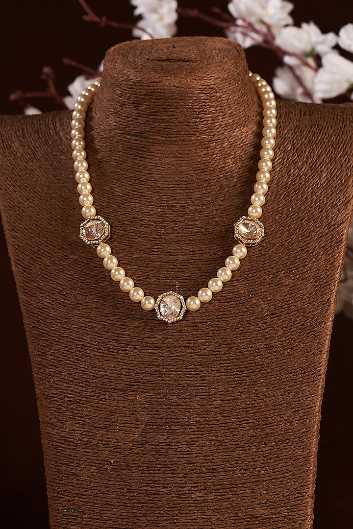 Gold Finish Moissanite Polki Pearl Necklace In Sterling Silver by Hunar