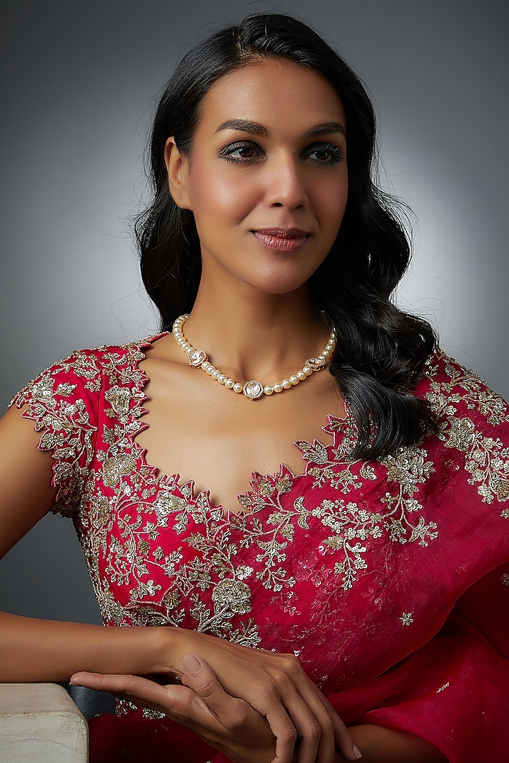 Gold Finish Moissanite Polki Pearl Necklace In Sterling Silver by Hunar at Pernia's Pop Up Shop