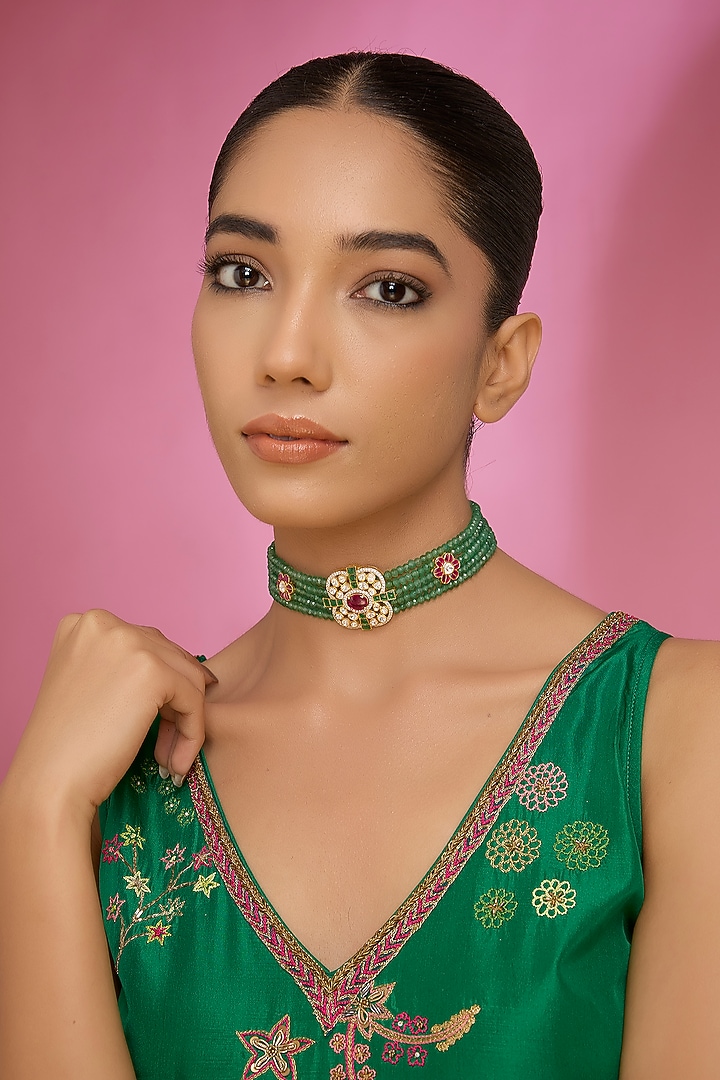 Gold Finish Kundan Polki & Red Stone Choker Necklace In Sterling Silver by Hunar at Pernia's Pop Up Shop