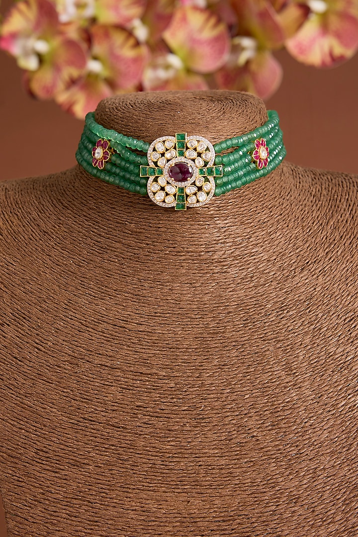 Gold Finish Kundan Polki & Red Stone Choker Necklace In Sterling Silver by Hunar at Pernia's Pop Up Shop