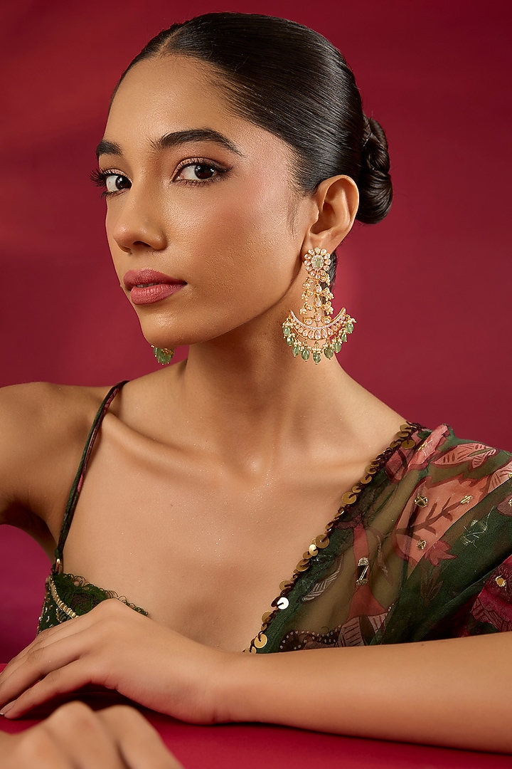 Gold Finish Emerald Stone Chandbali Earrings In Sterling Silver by Hunar at Pernia's Pop Up Shop
