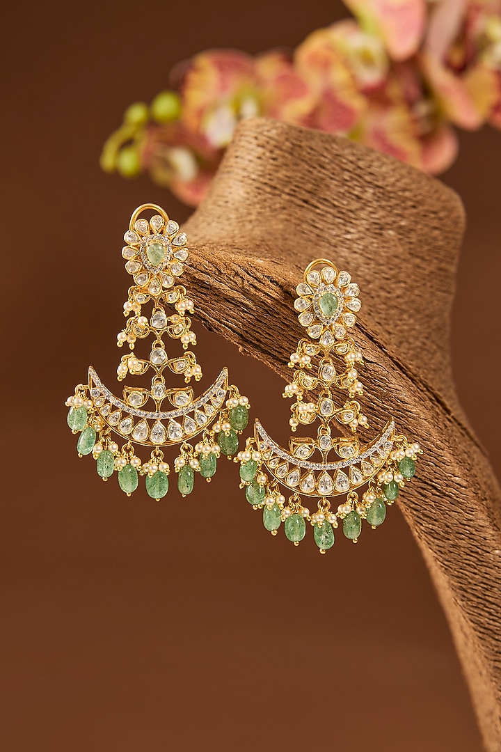 Gold Finish Emerald Stone Chandbali Earrings In Sterling Silver by Hunar at Pernia's Pop Up Shop
