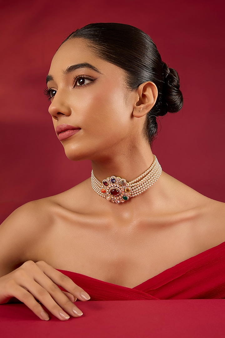 Gold Finish Kundan Polki & Multi-Colored Stone Choker Necklace by Hunar at Pernia's Pop Up Shop