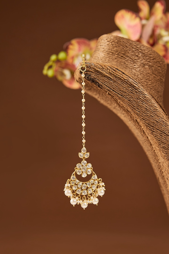 Gold Finish White Stone Maangtikka In Sterling Silver by Hunar at Pernia's Pop Up Shop