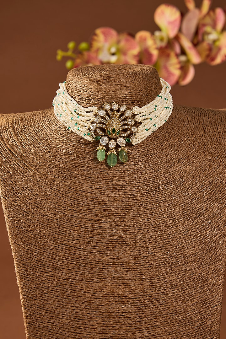 Gold Finish Kundan Polki Choker Necklace In Sterling Silver by Hunar at Pernia's Pop Up Shop