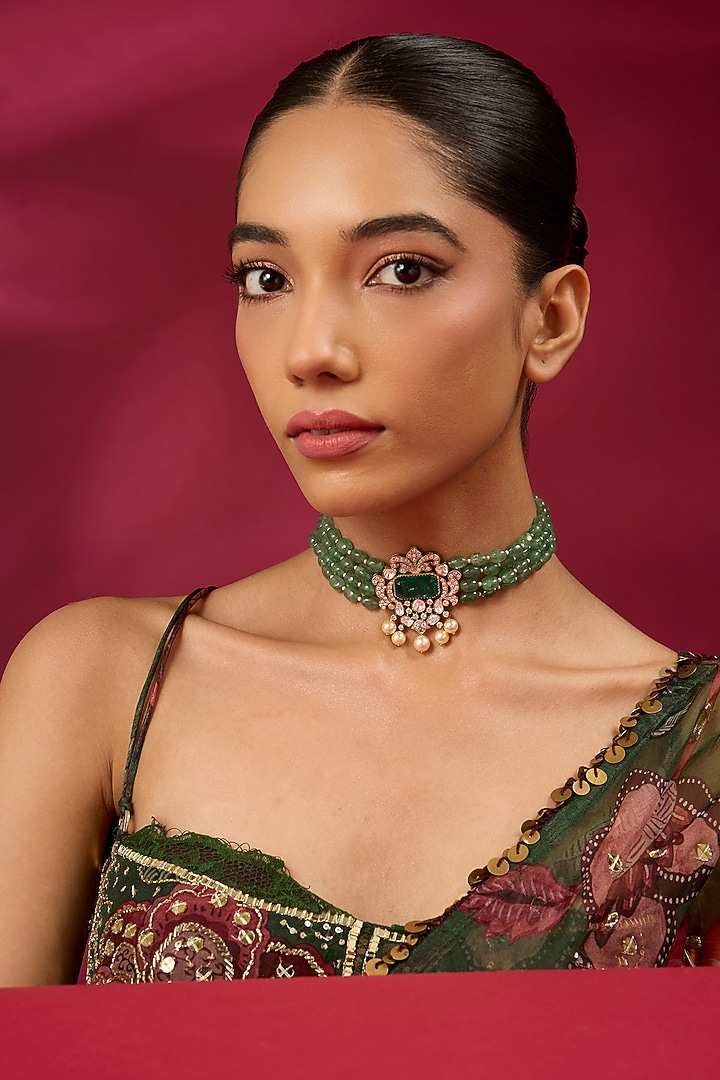 Gold Finish Emerald Stone Choker Necklace In Sterling Silver by Hunar at Pernia's Pop Up Shop