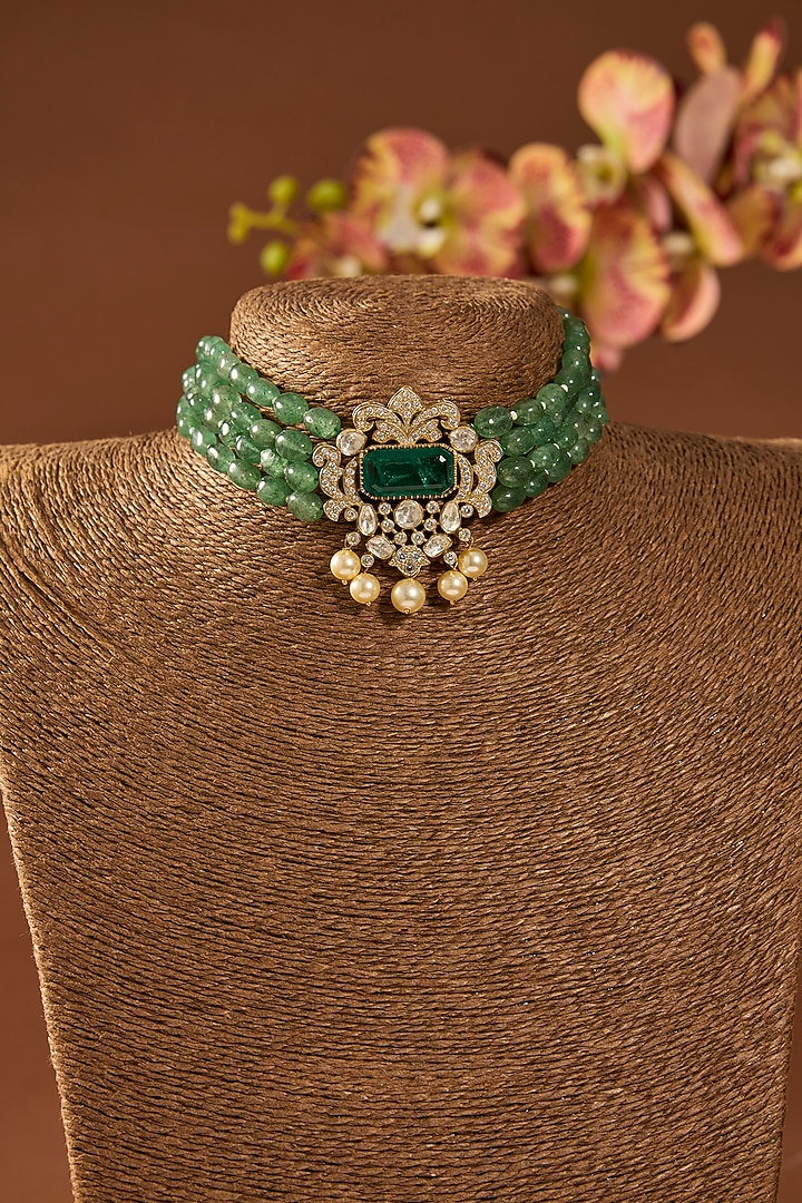 Gold Finish Emerald Stone Choker Necklace In Sterling Silver by Hunar at Pernia's Pop Up Shop