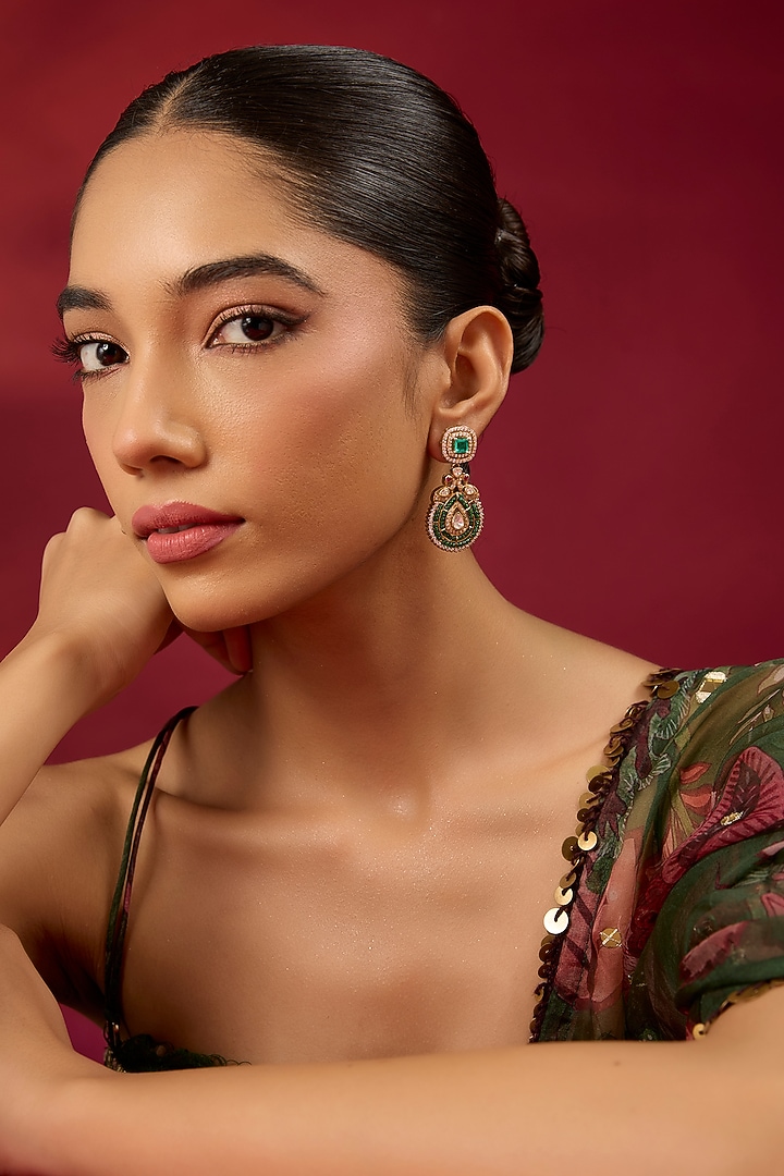 Gold Finish Kundan Polki & Emerald Stone Dangler Earrings by Hunar at Pernia's Pop Up Shop