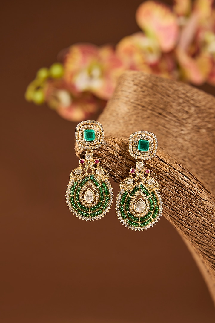 Gold Finish Emerald Stone Dangler Earrings In Sterling Silver by Hunar at Pernia's Pop Up Shop