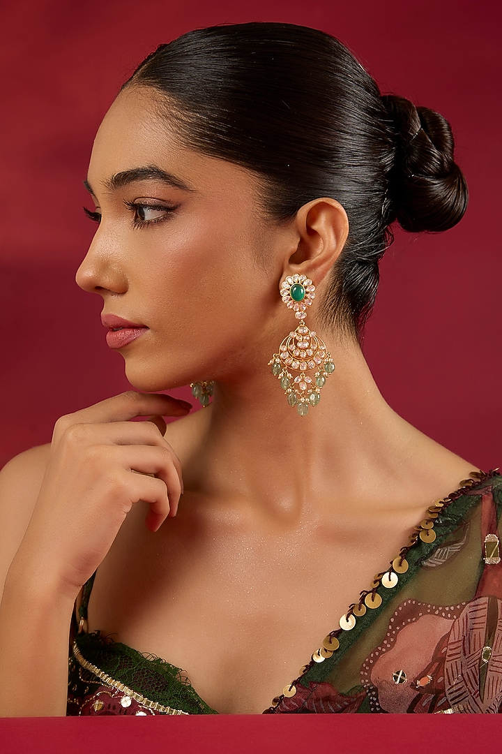 Gold Finish Kundan Polki & Emerald Stone Dangler Earrings by Hunar at Pernia's Pop Up Shop