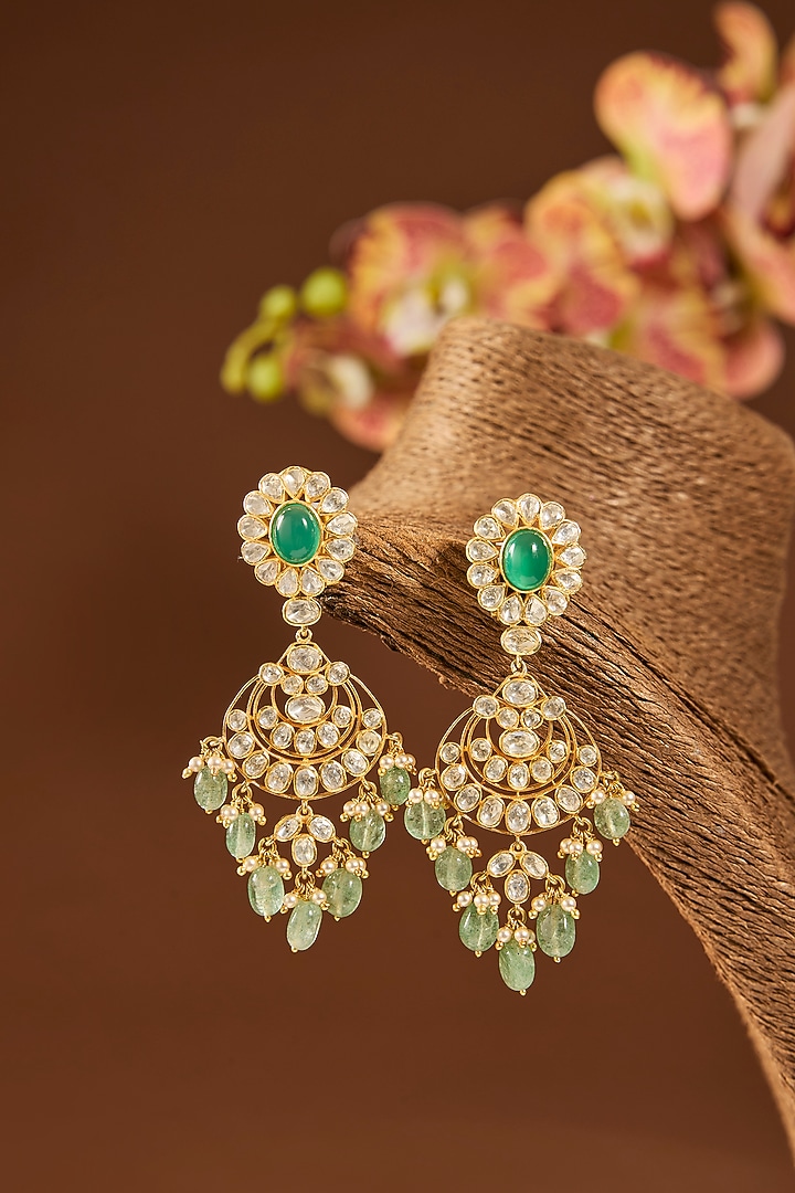Gold Finish Emerald Stone Dangler Earrings In Sterling Silver by Hunar at Pernia's Pop Up Shop