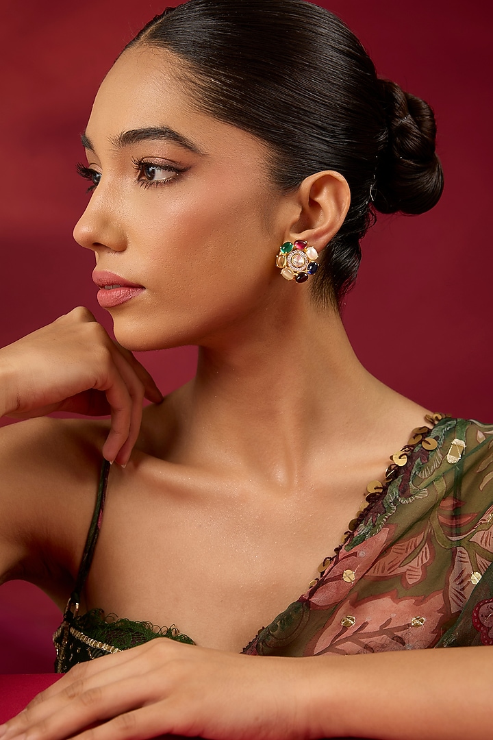 Gold Finish Multi-Colored Stone Stud Earrings In Sterling Silver by Hunar at Pernia's Pop Up Shop
