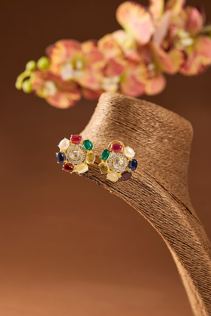 Gold Finish Multi-Colored Stone Stud Earrings In Sterling Silver by Hunar at Pernia's Pop Up Shop