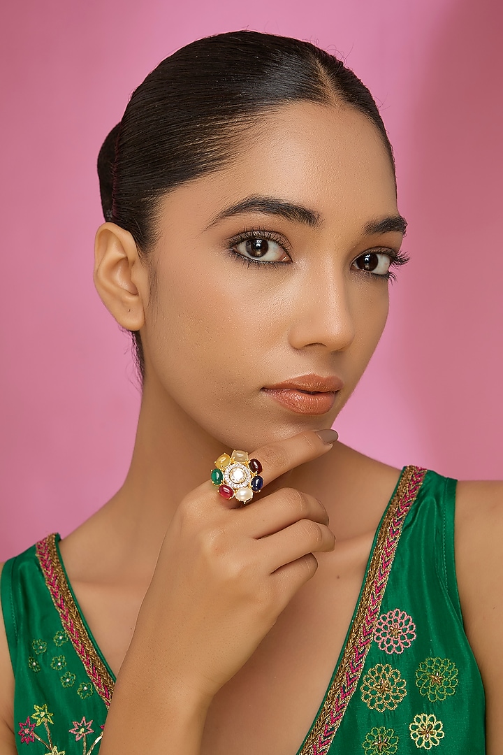 Gold Finish Kundan Polki & Multi-Colored Stone Ring by Hunar at Pernia's Pop Up Shop