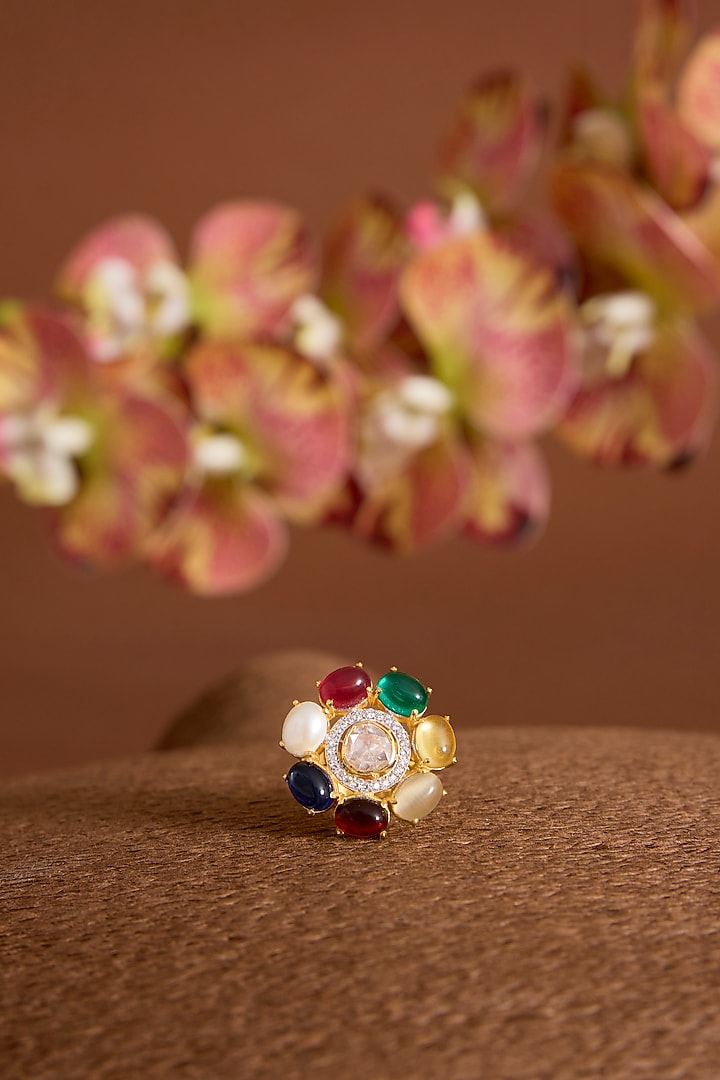 Gold Finish Kundan Polki & Multi-Colored Stone Ring In Sterling Silver by Hunar at Pernia's Pop Up Shop