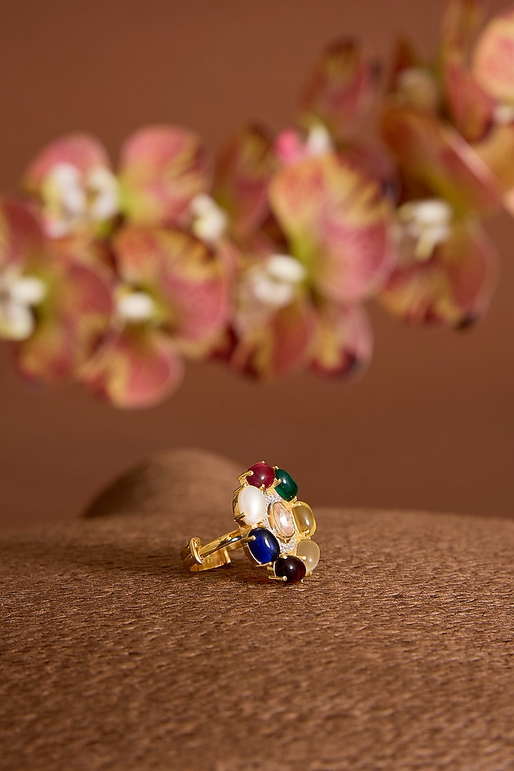 Gold Finish Kundan Polki & Multi-Colored Stone Ring In Sterling Silver by Hunar at Pernia's Pop Up Shop