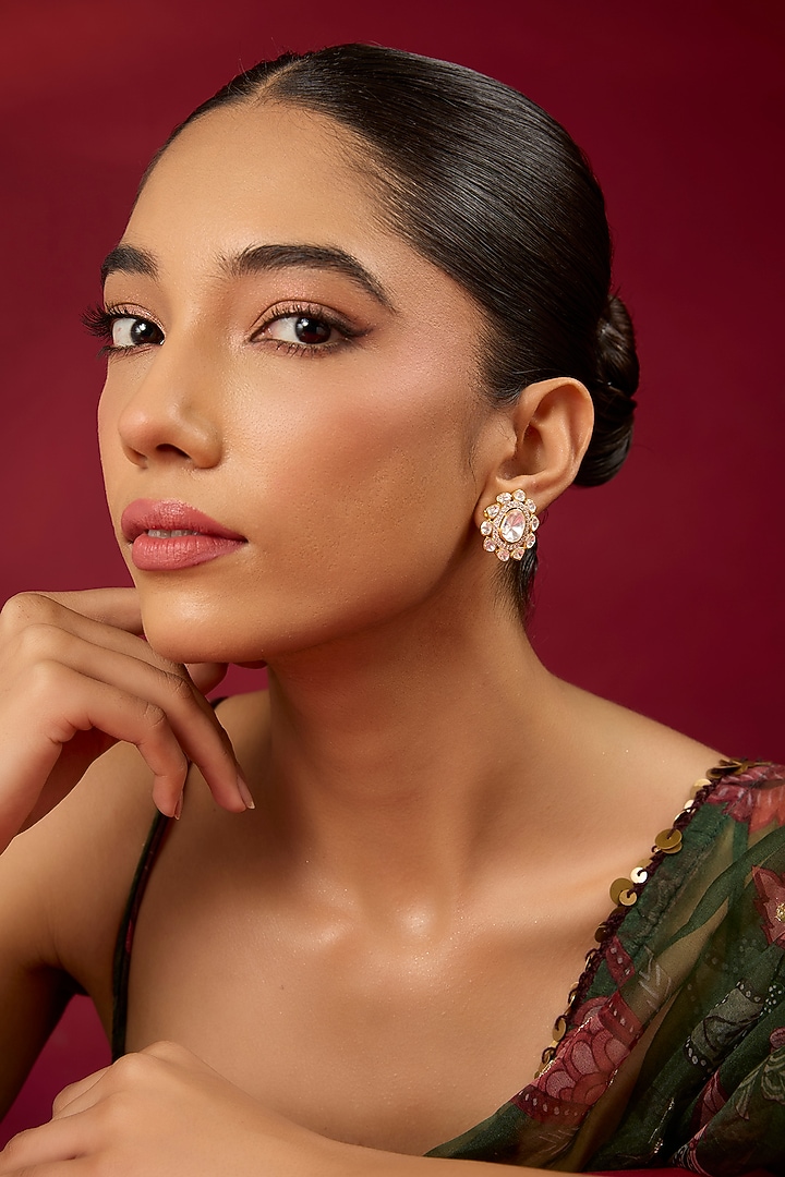 Gold Finish White Stone Stud Earrings In Sterling Silver by Hunar at Pernia's Pop Up Shop