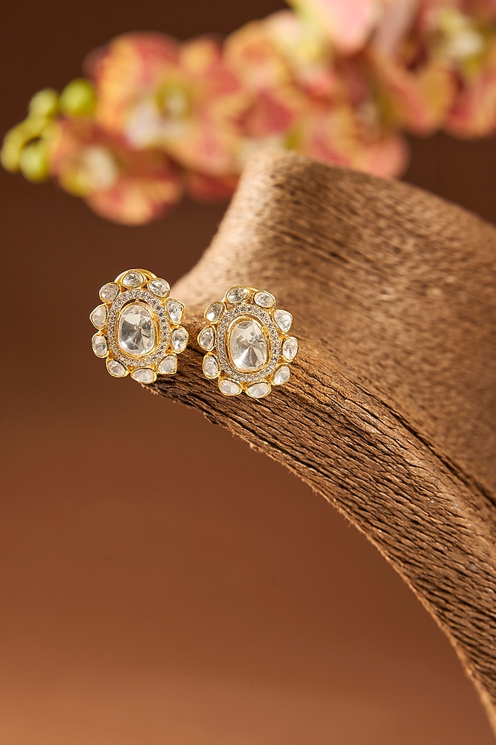 Gold Finish White Stone Stud Earrings In Sterling Silver by Hunar at Pernia's Pop Up Shop