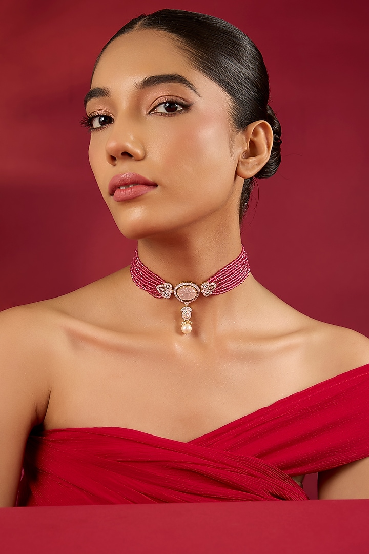 Gold Finish Kundan Polki & Ruby Stone Choker Necklace by Hunar at Pernia's Pop Up Shop