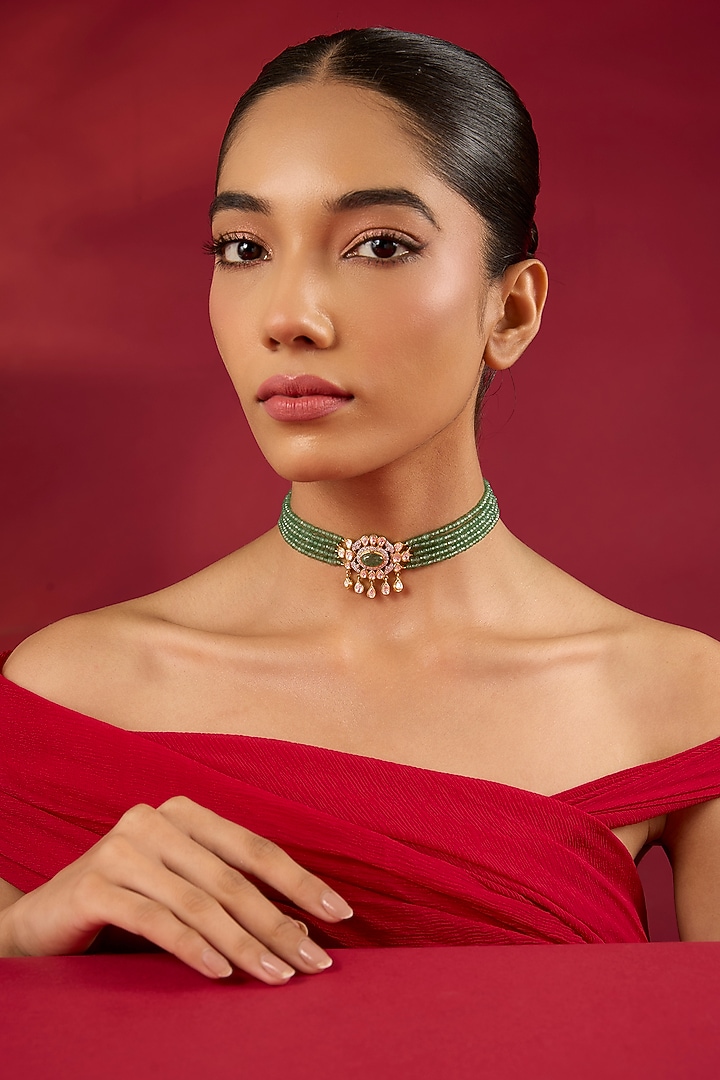 Gold Finish Kundan Polki & Emerald Stone Choker Necklace by Hunar at Pernia's Pop Up Shop