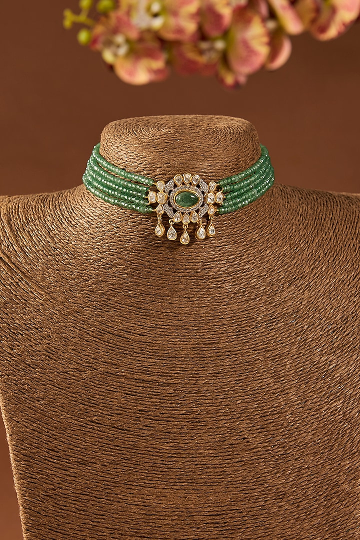 Gold Finish Emerald Stone Choker Necklace In Sterling Silver by Hunar at Pernia's Pop Up Shop