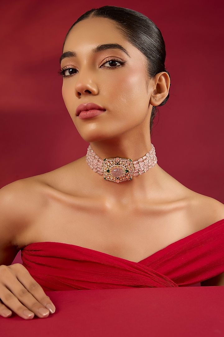 Gold Finish Kundan Polki & Ruby Stone Choker Necklace by Hunar at Pernia's Pop Up Shop