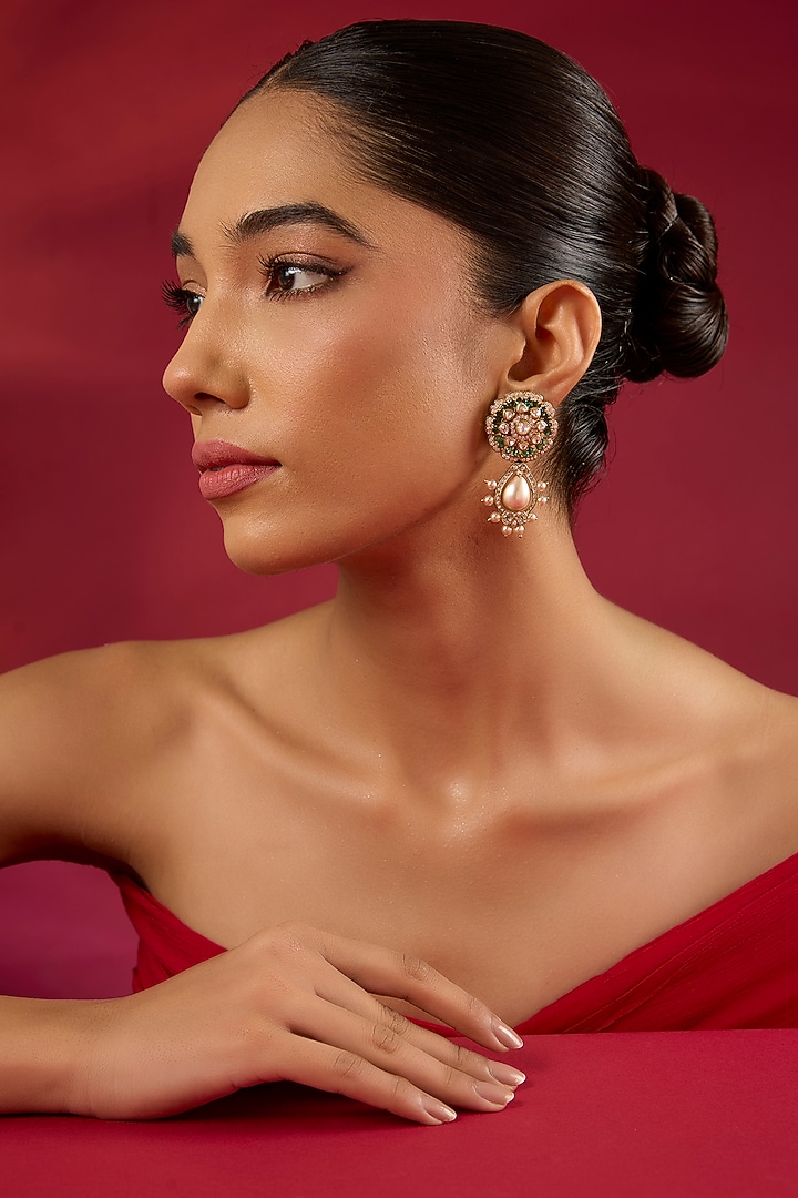 Gold Finish Emerald Stone Dangler Earrings In Sterling Silver by Hunar at Pernia's Pop Up Shop