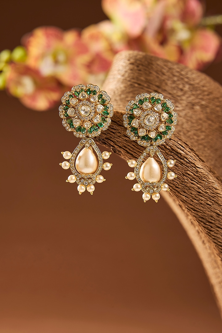 Gold Finish Emerald Stone Dangler Earrings In Sterling Silver by Hunar at Pernia's Pop Up Shop
