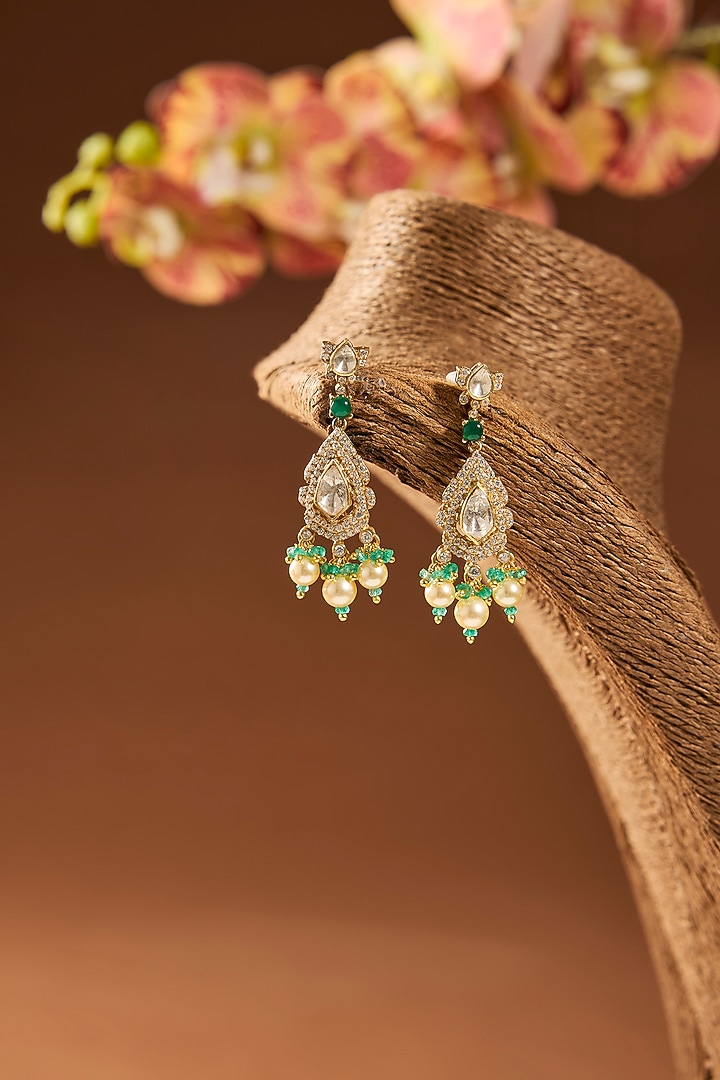 Gold Finish Emerald Stone Dangler Earrings In Sterling Silver by Hunar at Pernia's Pop Up Shop