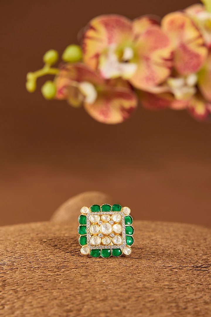 Gold Finish Kundan Polki & Emerald Stone Ring In Sterling Silver by Hunar at Pernia's Pop Up Shop