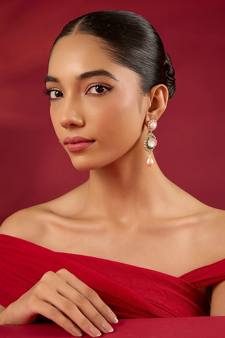 Gold Finish White Stone Dangler Earrings In Sterling Silver by Hunar at Pernia's Pop Up Shop