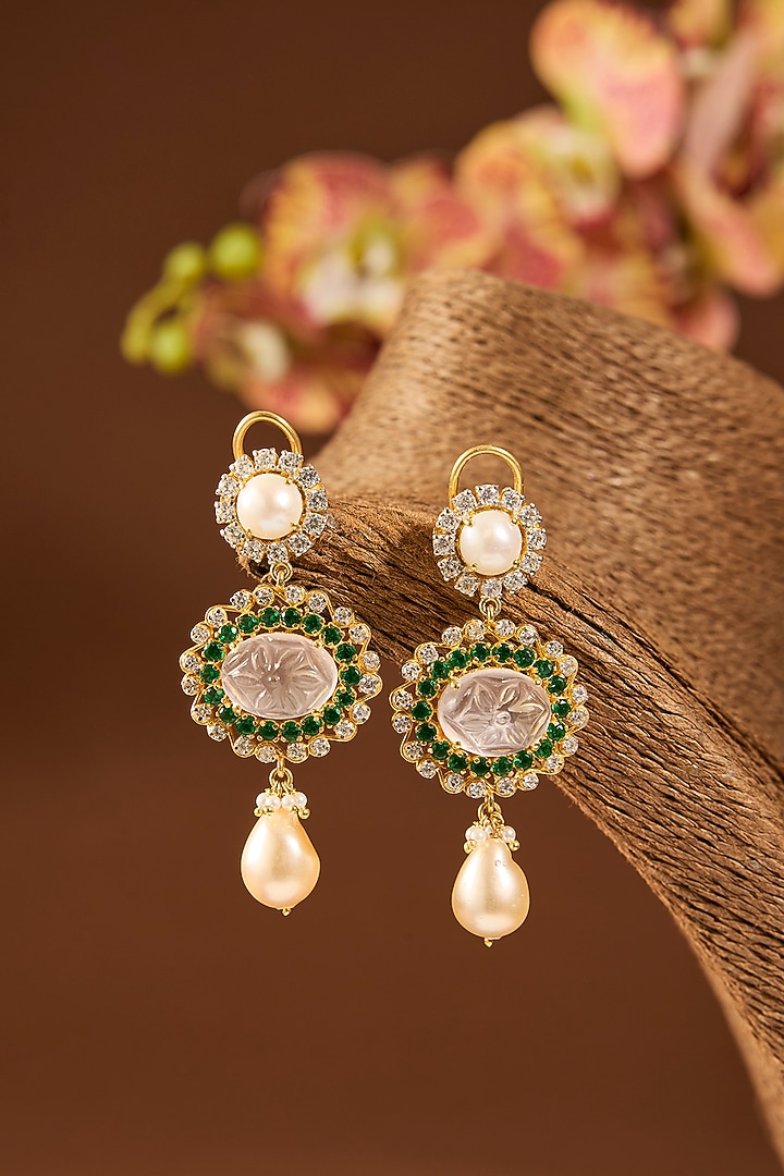 Gold Finish White Stone Dangler Earrings In Sterling Silver by Hunar at Pernia's Pop Up Shop