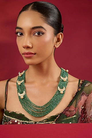 Gold Finish Kundan Polki & Emerald Stone Long Necklace by Hunar