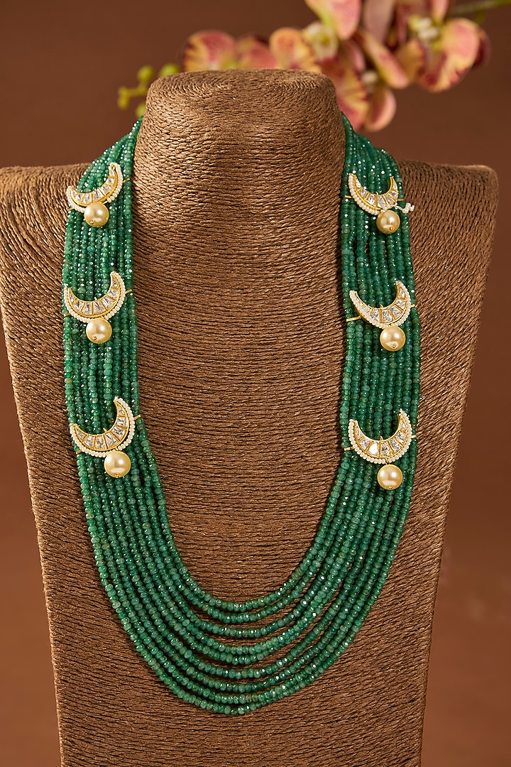 Gold Finish Emerald Stone Long Necklace In Sterling Silver by Hunar at Pernia's Pop Up Shop