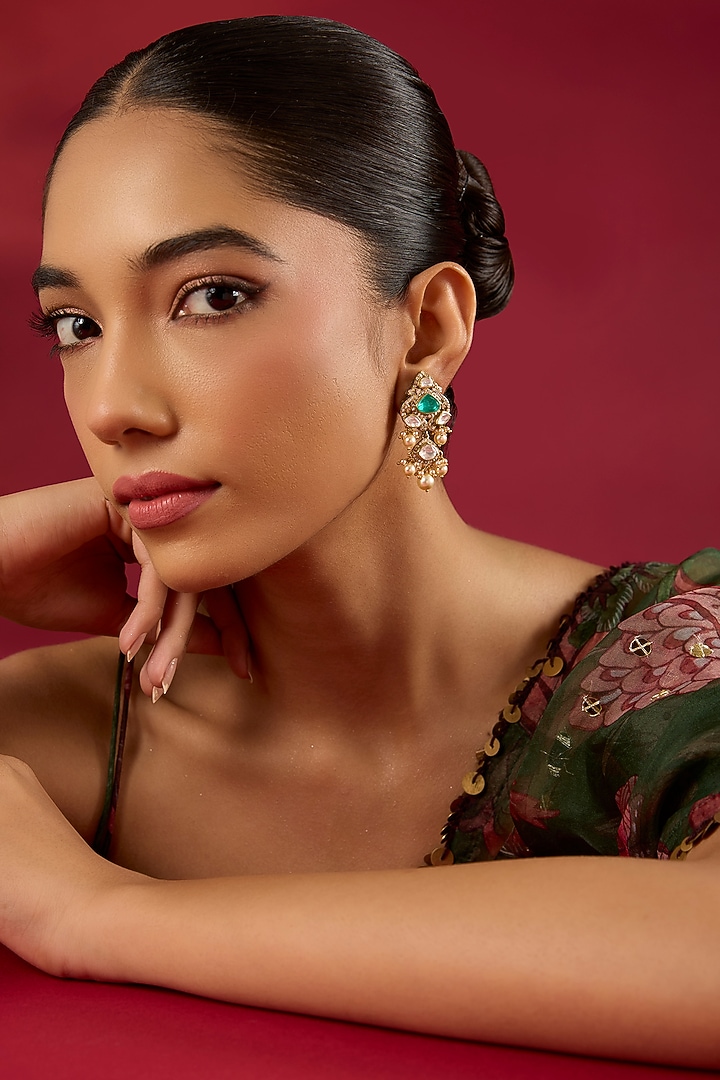 Gold Finish Emerald Stone Dangler Earrings In Sterling Silver by Hunar at Pernia's Pop Up Shop