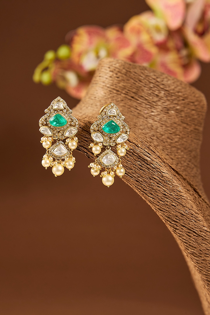 Gold Finish Emerald Stone Dangler Earrings In Sterling Silver by Hunar at Pernia's Pop Up Shop