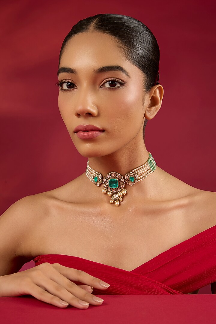 Gold Finish Kundan Polki & Emerald Stone Choker Necklace by Hunar at Pernia's Pop Up Shop