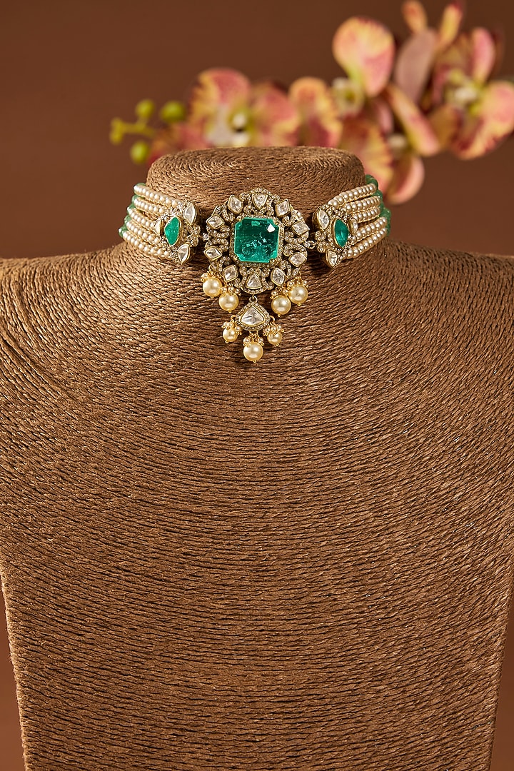 Gold Finish Emerald Stone Choker Necklace In Sterling Silver by Hunar at Pernia's Pop Up Shop