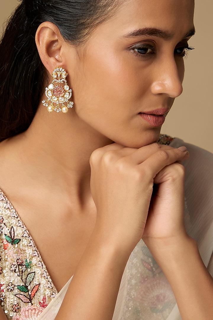 White Finish Pink Stone Dangler Earrings by Hunar at Pernia's Pop Up Shop