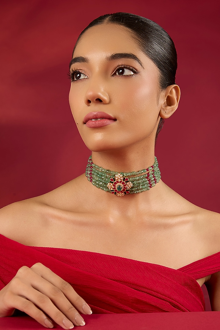 Gold Finish Emerald Stone Choker Necklace In Sterling Silver by Hunar at Pernia's Pop Up Shop