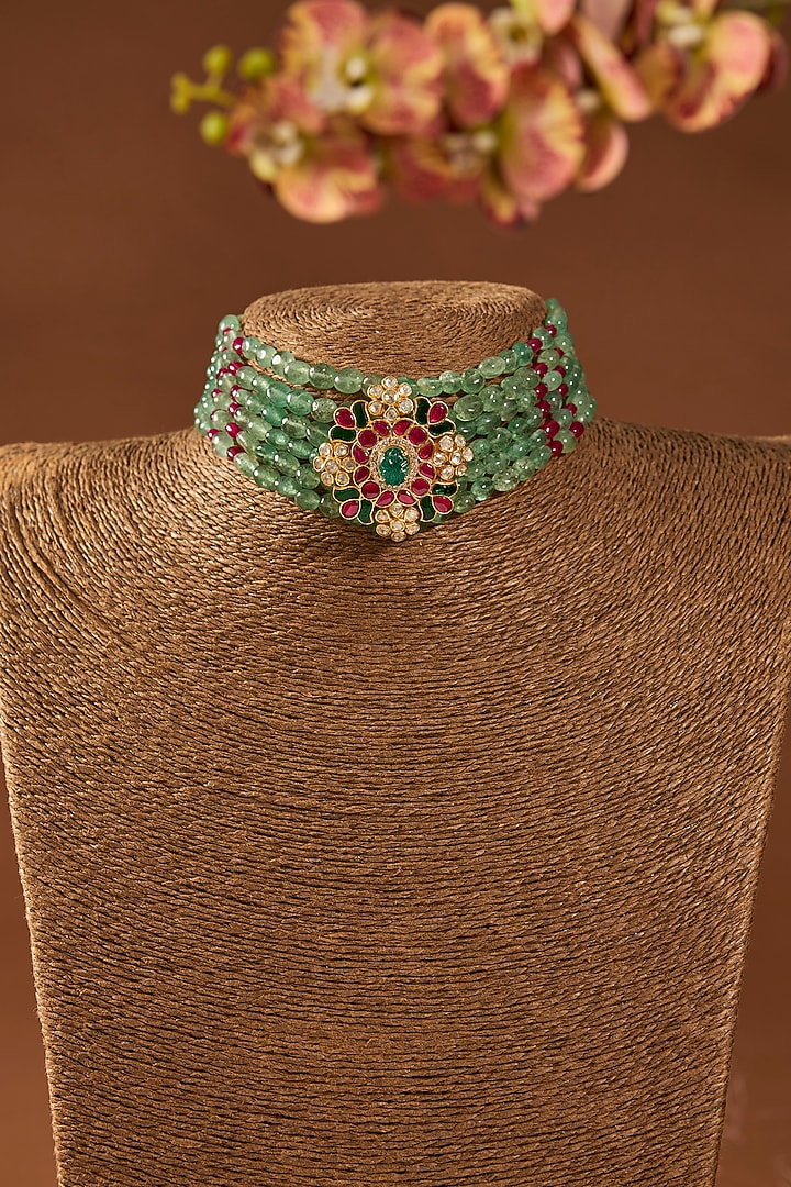 Gold Finish Emerald Stone Choker Necklace In Sterling Silver by Hunar at Pernia's Pop Up Shop