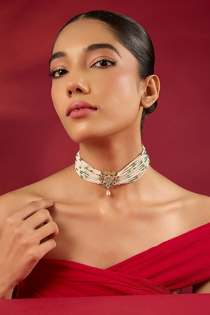 Gold Finish White Stone Choker Necklace In Sterling Silver by Hunar at Pernia's Pop Up Shop
